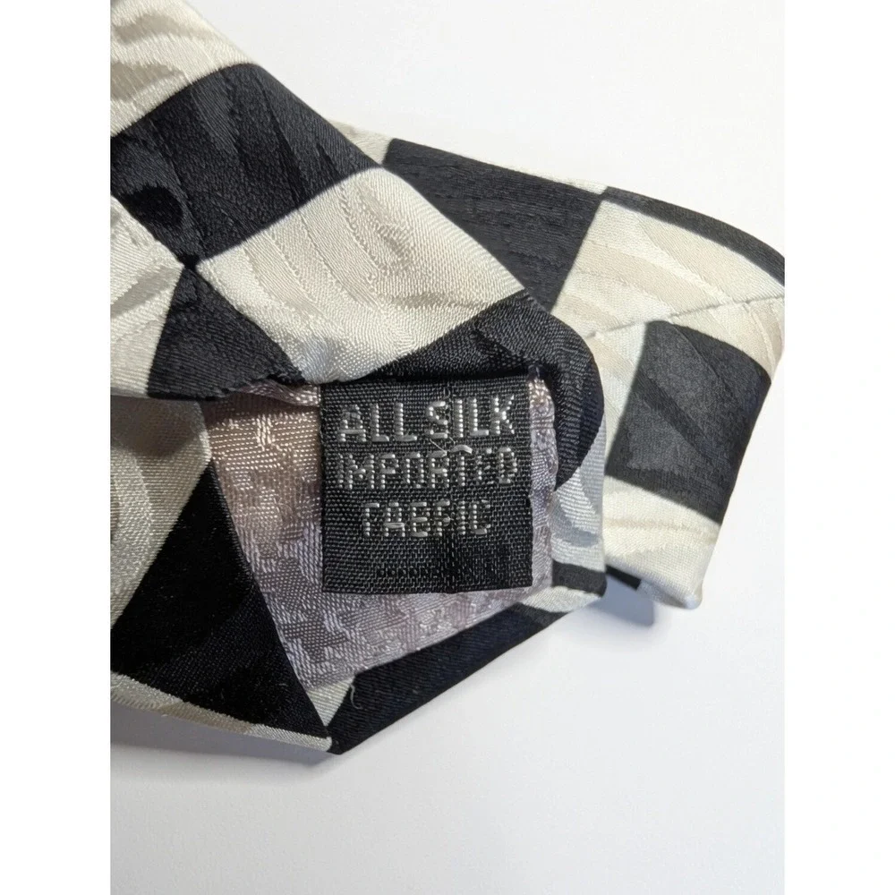 Vintage 1990s Seta Como Black and White Checkered Silk Necktie